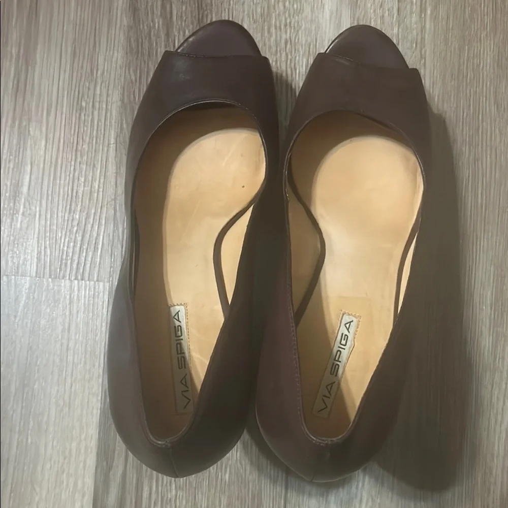 Via Spiga Brown Leather Peep-Toe Wedge Heels